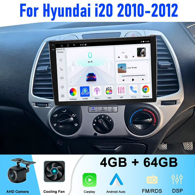 

9" 4+64GB For Hyundai i20 2010-2012 Car Radio Wireless Carplay Android 15 Auto Head Unit GPS Navi + Outer Frame + Cable