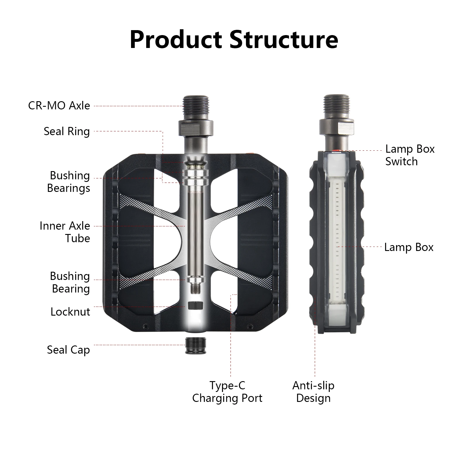 دواسات دراجة بإضاءة LED قابلة للتعديل من BOLANY 7.0 - سبائك ألومنيوم، مجوفة مضادة للانزلاق، محاملين، عالمية لركوب الليل الآمن MTB