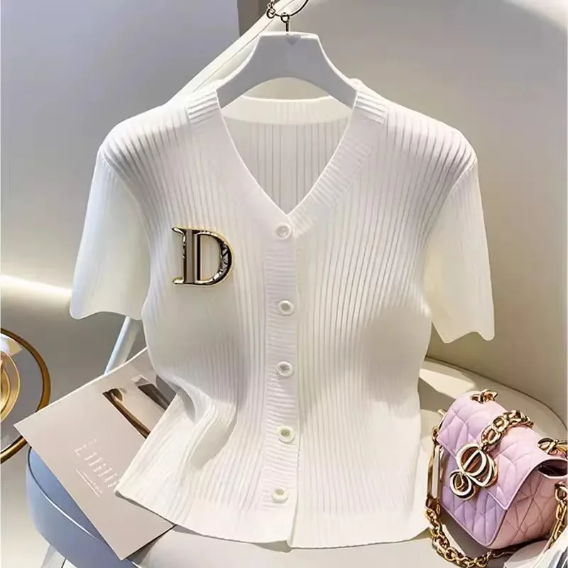 

Summer Elegant French Women White Knit Elastic Cardigan Shirt Summer Short Sleeve V-neck Single Breasted Office Lady Casual Tops