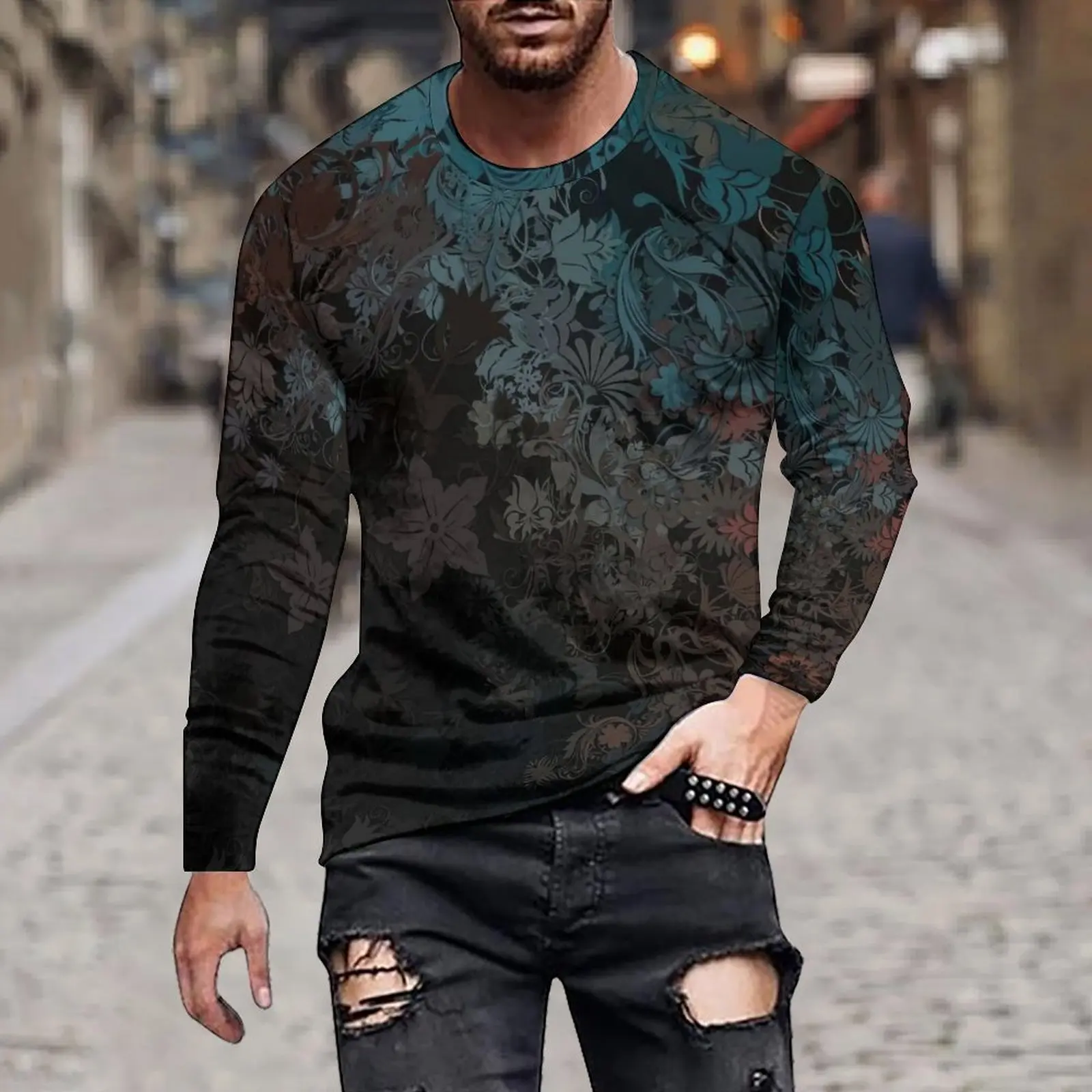 Men's Spring And Autumn Fashion All Casual Simple Solid Color Trend Simple Irregular Sort Dark Loose Long-Sleeved T-Shirt