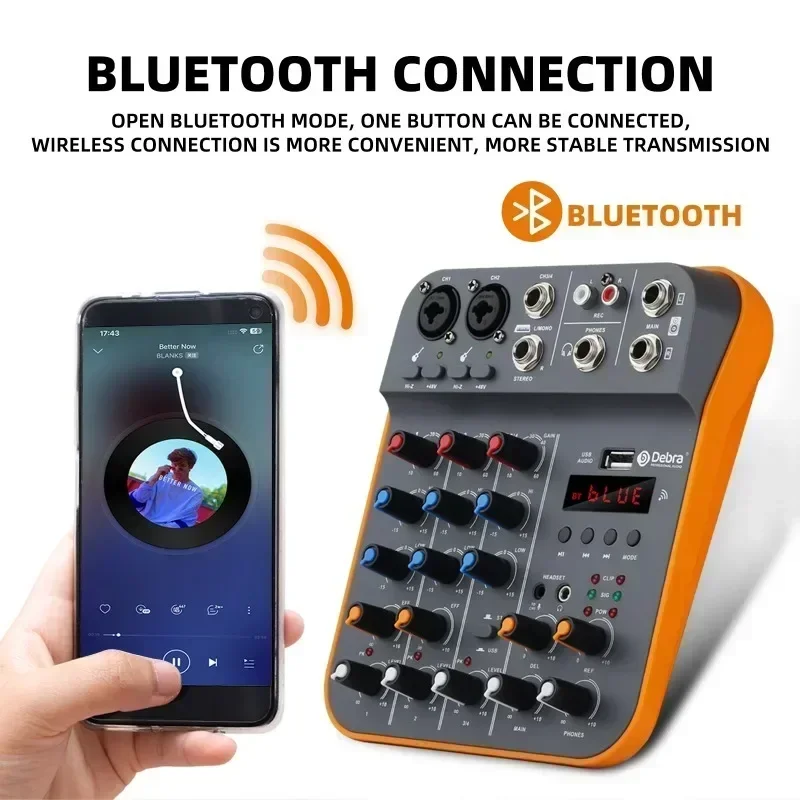 

D4M 4-канальный микшер DJ-консоль аудиоинтерфейс с ревербератором Bluetooth 5,0 48 В звуковая карта для записи ПК караоке пение