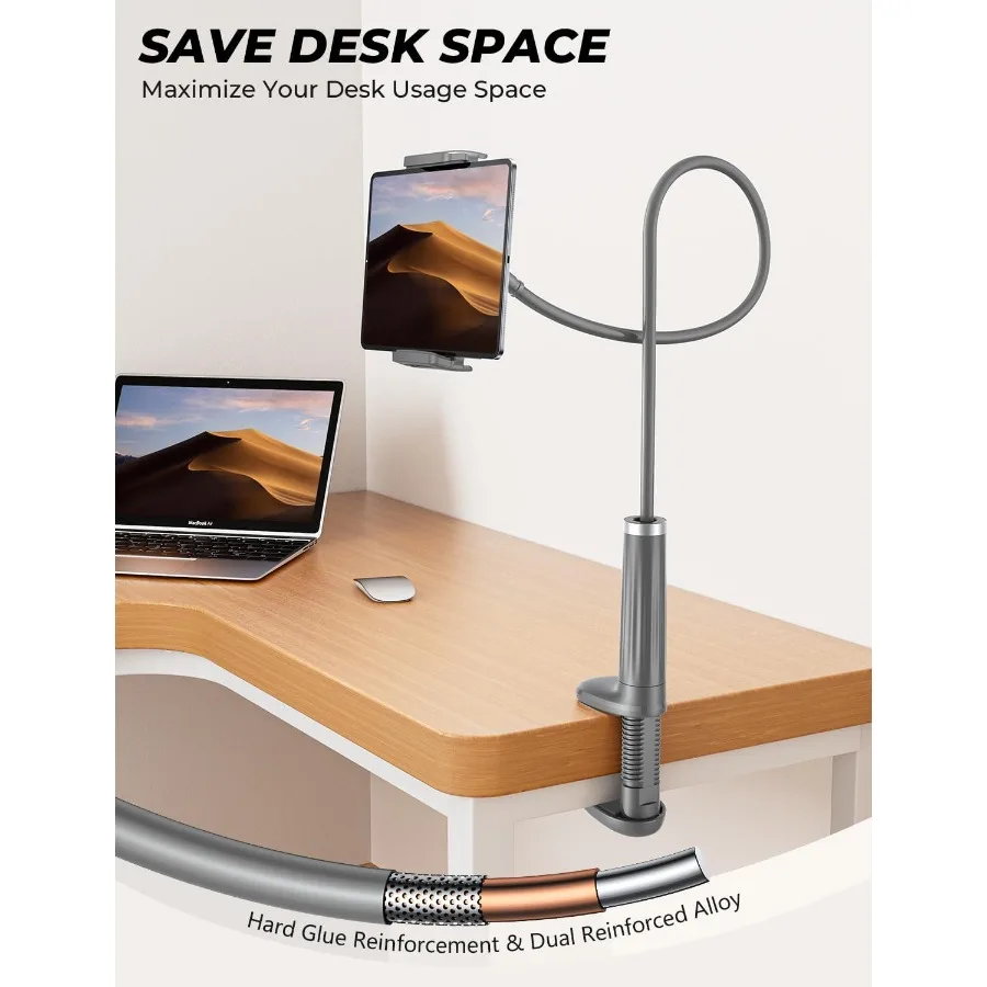 グースネック式スマホホルダー タブレットスタンド ベッド用：【回転ベース】調節可能なフレキシブルレイジーアーム、2つのクリップ付き スマホ・タブレットホルダー マウントC