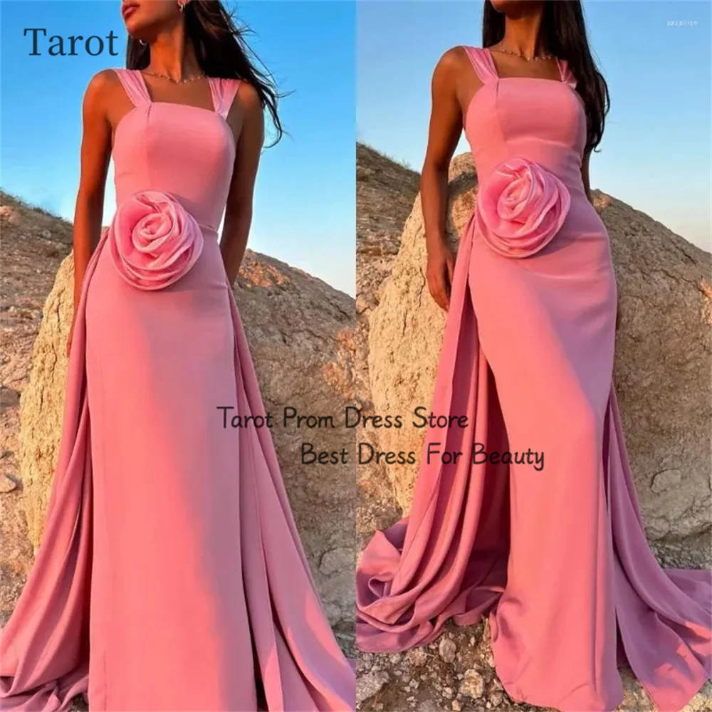 

Tarot Ruffles Flowers Cocktail Dresses Square Neck Straps Straight Sweeping Train Birthday Party Gowns Saudi Evening Dress