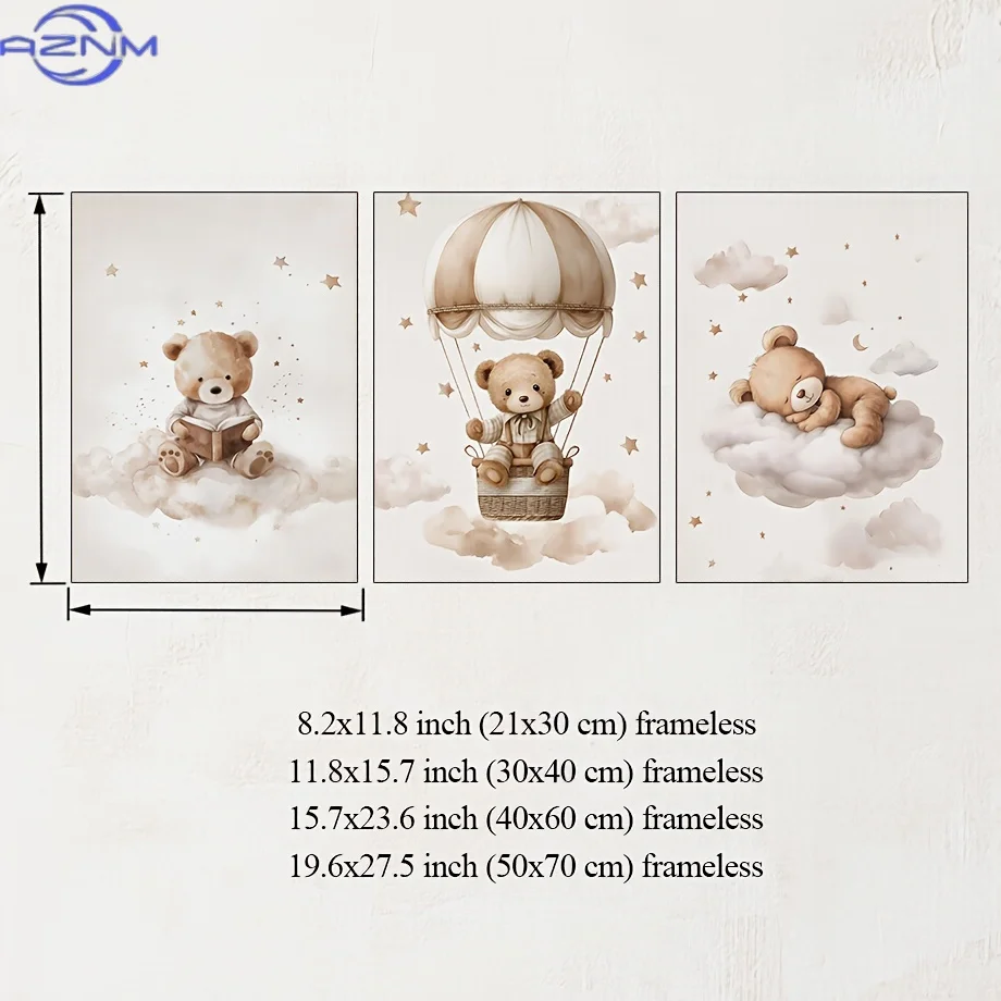 3pcs Bohemian Style Teddy Bear Nursery Wall Art - Frameless Canvas Prints with Stars & Clouds, Adorable Bear in Hot Air Balloon,