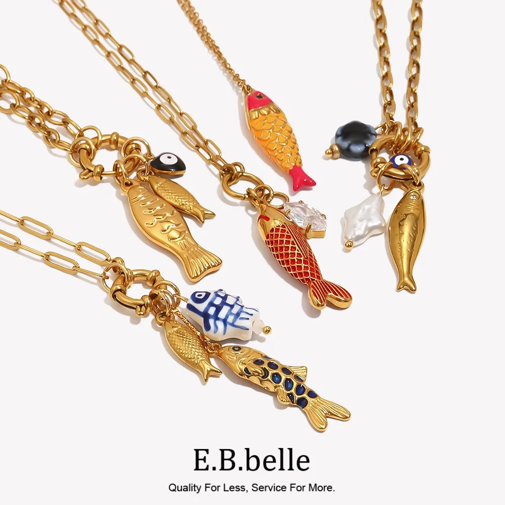 E.B.belle Colorful Enamel Luck Fish Pendant Necklace Hypoallergenic 18K Gold Plated Stainless Steel Necklace Summer Jewelry