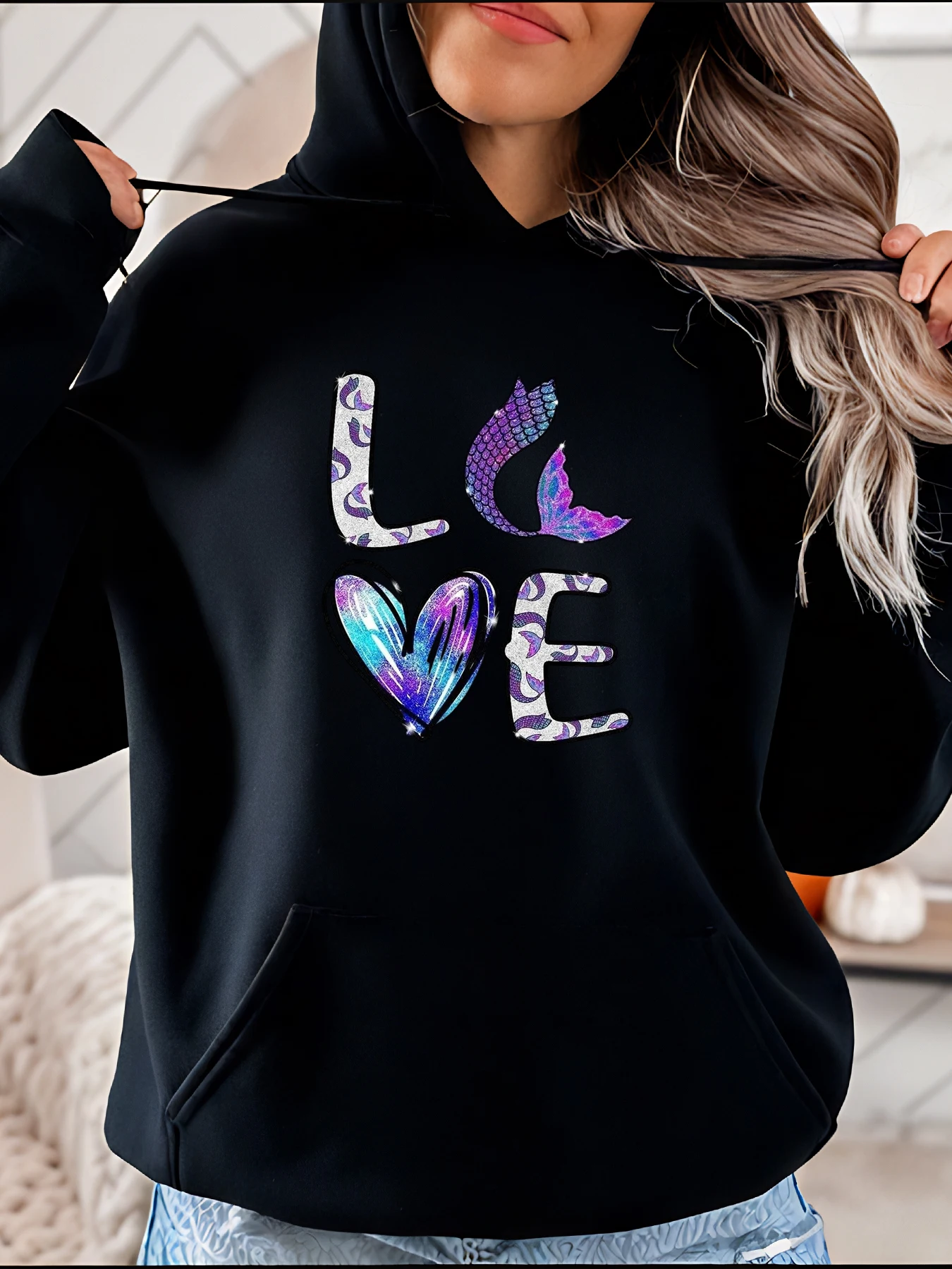 

Толстовка с принтом «Хвост русалки» и принтом «Любовь», повседневная модная толстовка с графическим рисунком, женская уличная одежда, уютный наряд