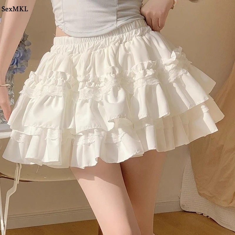 Casual White Ball Gown Women Shorts Mini Skirts High Waist Korean Style Y2k Clothes Lace Patchwork Black Kawaii Pleated Skirt