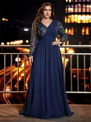 Lucyinlove Plus Size Luxus Chiffon Langarm Abendkleider Frauen Pailletten blau Hochzeits feier Cocktail Prom Boden Länge Kleider