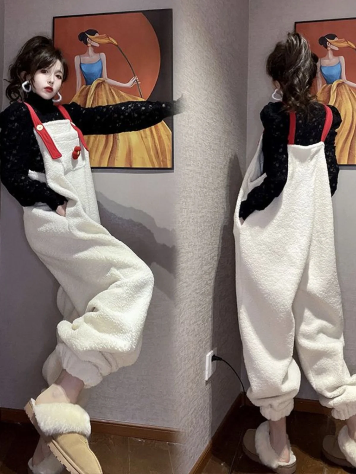 

Thiened Fce Women's Cargo Pants Spring 2024 Loose Fit Lamb Velvet Jumpsuit Casual Long Trousers High Waist Street Sle