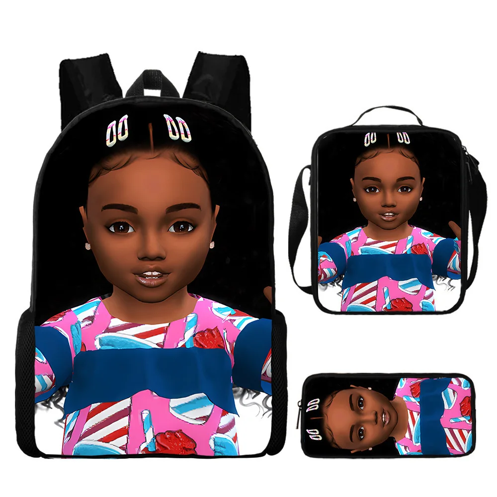 Harajuku Youthful Novelty African Girls 3D-Druck, 3 Stück/Set, Reisetaschen für Studenten, Laptop-Tagesrucksack, Rucksack, Lunch-Tasche, Federmäppchen