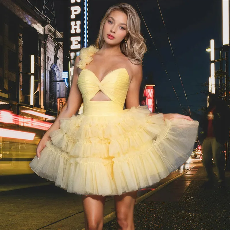 

Smileven Puff Tulle Yellow Prom Dress A Line Mini Party Gowns Girls Midi Evening Dress 2024 Homecoming Dresses Customized