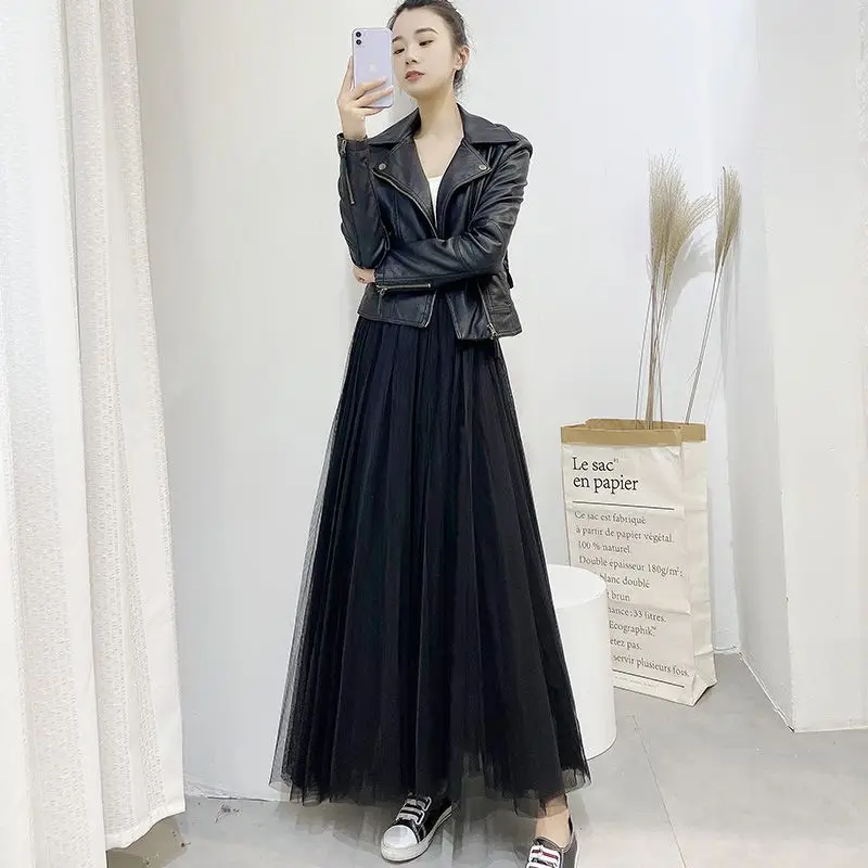 

Fashionable Sheer Women's Long Skirt 2024 Spring/Summer Korean Version Solid Color High Waisted Pleated Skirt for Women P891