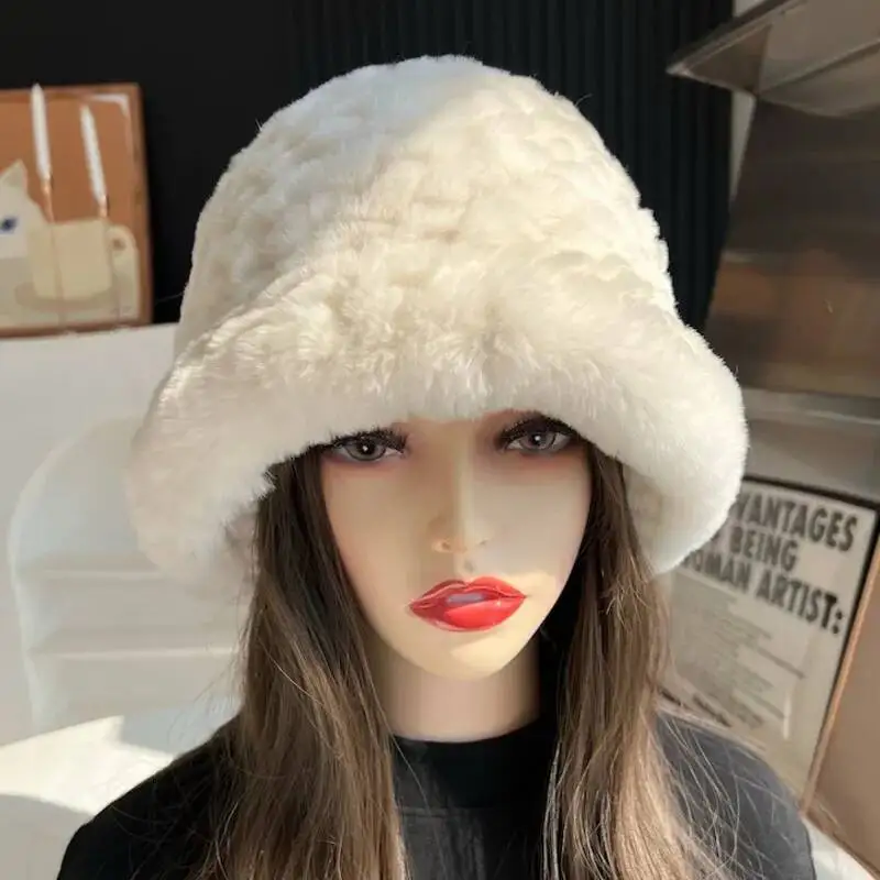 real Rex Rabbit Fur Hat Winter Warm Bucket Fur Knitted Hat Plush Fisherman Cap Women Casual  Outings Knitted Rex Rabbit Fur Hat