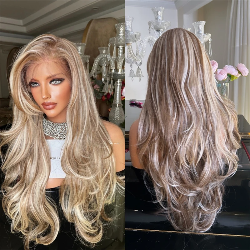 

Ombre Highlight Brown Ash Blonde 13x4 Lace Front Wigs for Women Glueless Long Wavy Brown and Blonde Synthetic Lace Front Wig