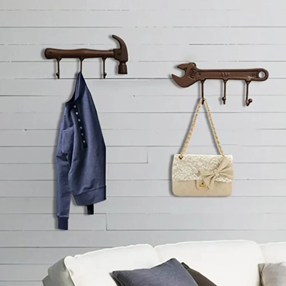 Iron Coat Rack Wall Mounted 3 Hooks Hammer Wrench Keys Hat Holder Bar Practical Store Hanger Retro Industrial Style Home Decor