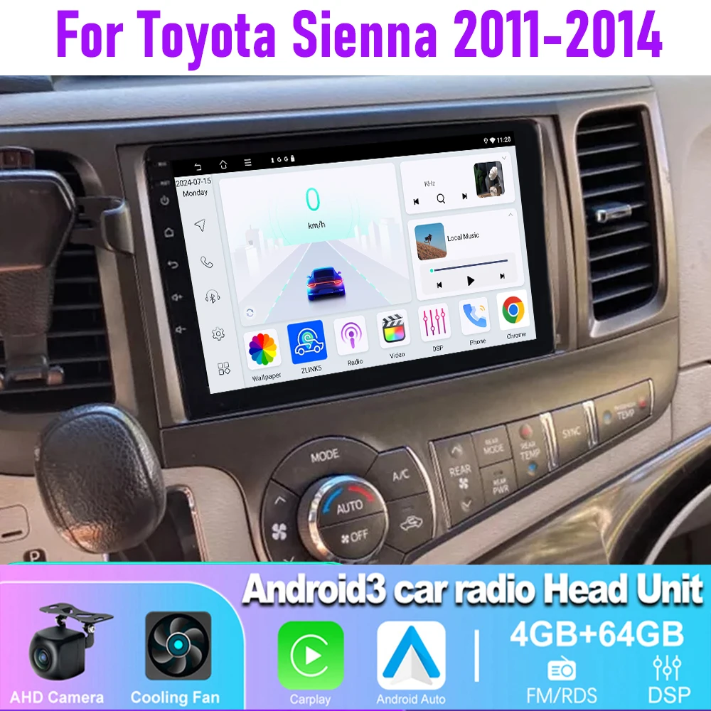 

4-64GB 9" Car Radio For Toyota Sienna 2011-2014 Wireless CarPlay Android 15 Auto Touch Screen Head Unit GPS BT Canbus