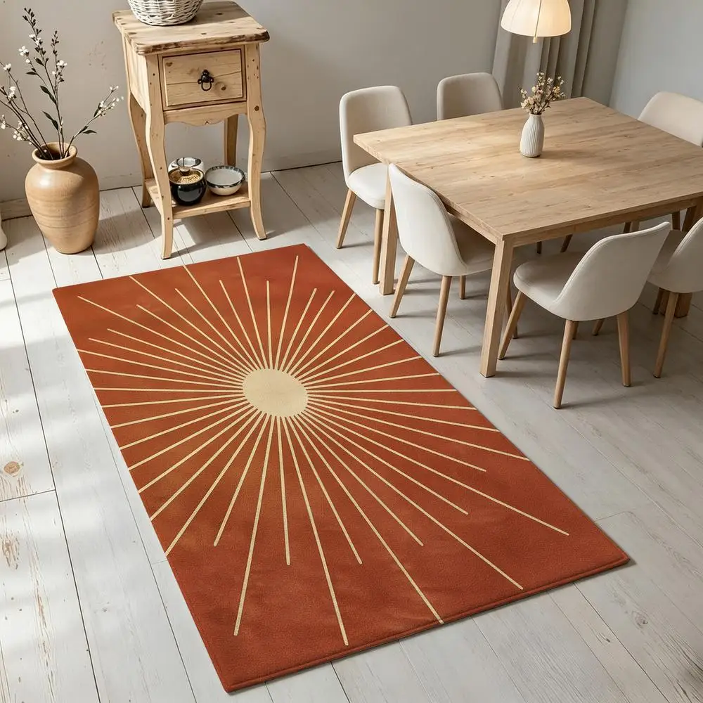 2D 1 piece soft, easy to care for, machine washable indoor rug, Mid Century Sunburst style, suitable for under dining table, living room, bedroom, entryway, hallway, home office, rural style home decor