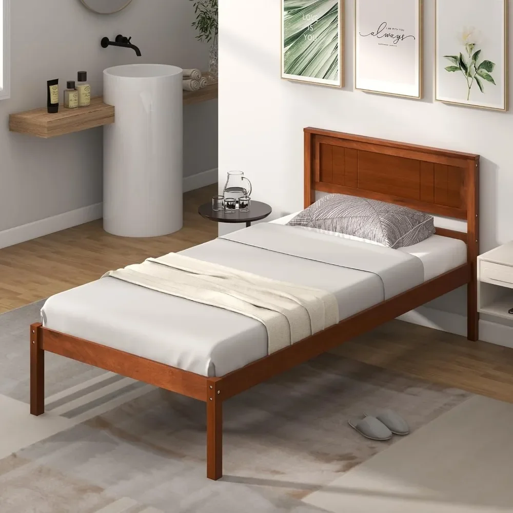 Marcos gemelos con cabecera, cama con plataforma de madera maciza con soporte de listones de madera, individual con almacenamiento bajo de 16"