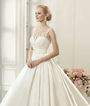 

Customized Dress Lace Button O-Neck Wide Halter Satin Backless Pocket Floor-length Bridal Gown vestido de noiva 2025
