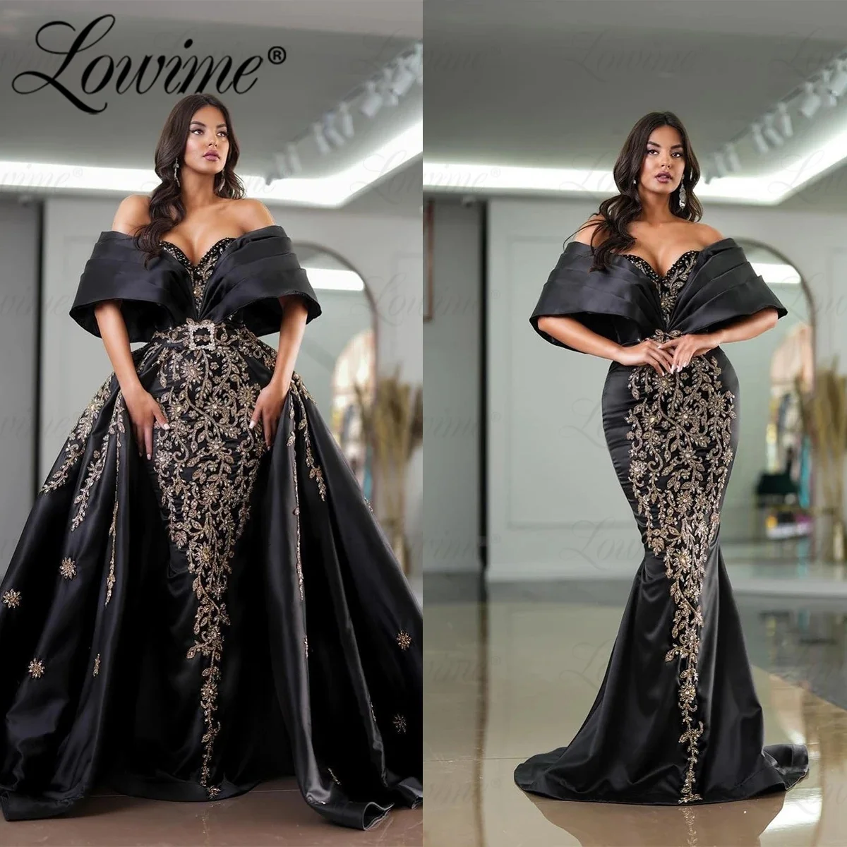 Lowime-Vestidos pretos com saia destacável, vestidos de festa fora do ombro, apliques, árabe, Dubai, baile de formatura, ocasiões formais