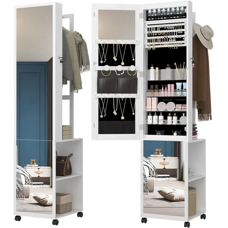 LED Mobile Wardrobe Cabinet – Built-in Jewelry Organizer, Garment Rack, Full-Length Mirror, 4 Casters, All-in-One Storage
