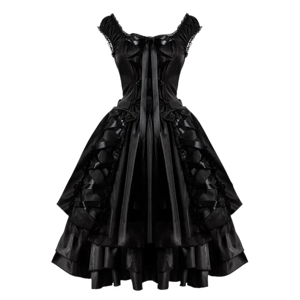 

Gothic Medieval Retro Court Dresses Women Vintage Black Layered Lace-Up Lolita Princess Carnival Dress Up Party Cosplay Costumes