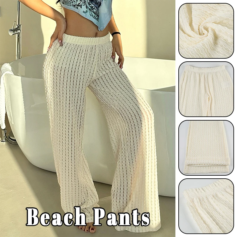 

Beachwear Hollow Out Knitted Casual Pants White Low Rise Loose Straight Pants Y2k Aesthetic Women Holiday Style Trousers Fashion