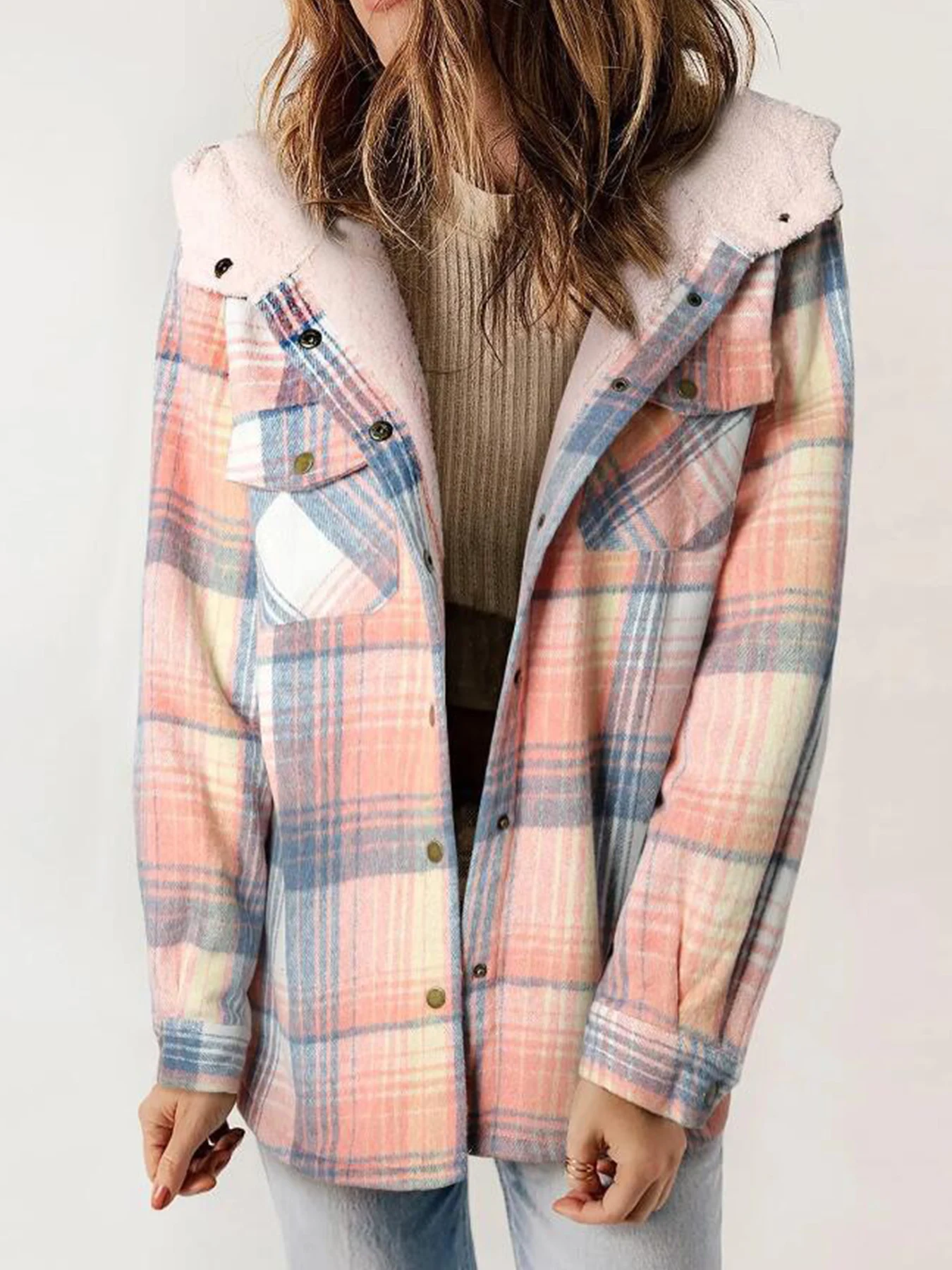 

New Women's Checkered Long-Sleeved Hooded Jacket with Plush Pockets, Suitable for Autumn and Winter