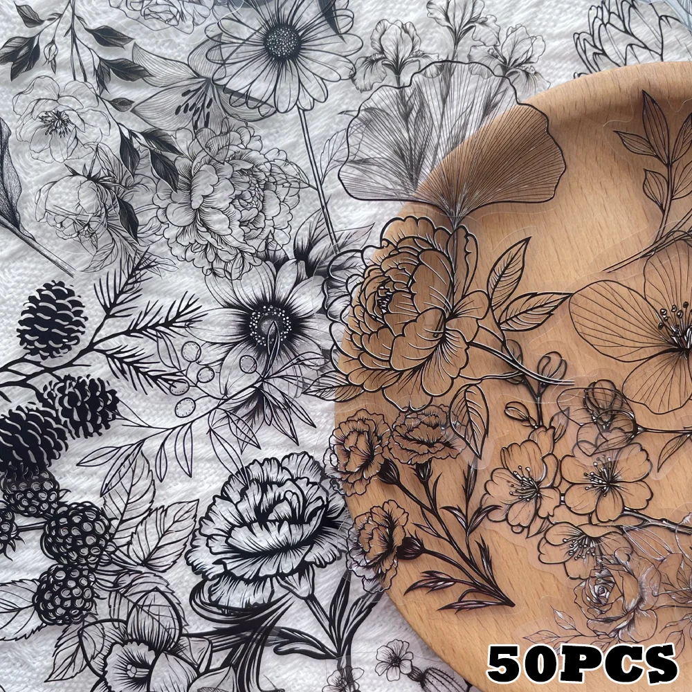 50pcs black and white plant stickers simple lines flowers waterproof decorative laptop scrapbook diary DIY flower pot stickers