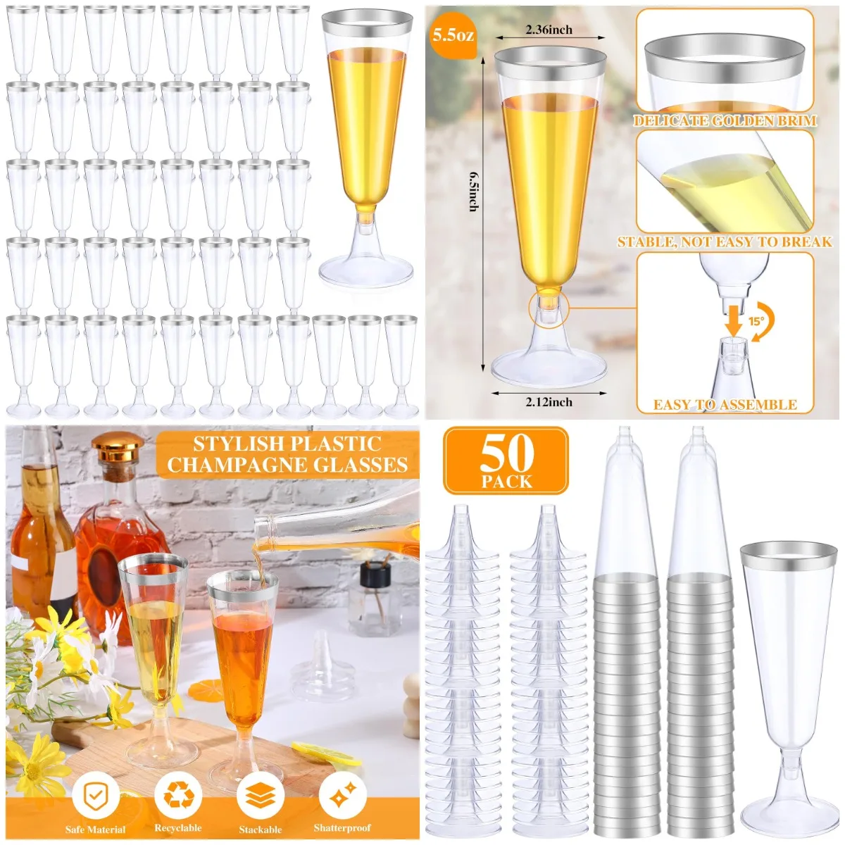 

50 Pcs Disposable Champagne Flutes 5.5 oz Clear Mimosa Cups with Silver Rim for Wedding Party