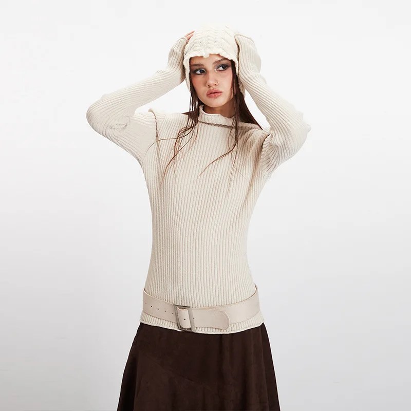 

Women'S New Arrival White Mock Neck Knitted Sweater Slim Fit Versatile Layering/Outerwear Casual Fashion Top For Winter