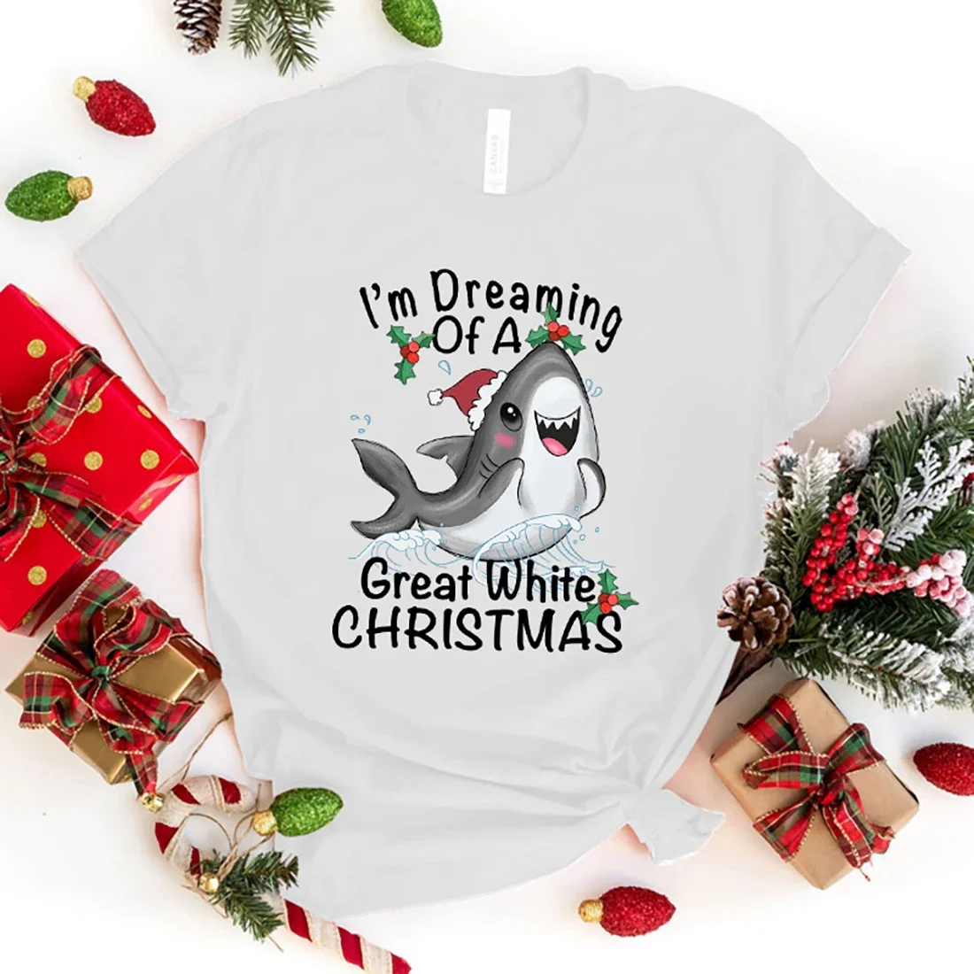 I'M 멋진 화이트 크리스마스 상어 프린트 티셔츠, 소녀 티셔츠, 부드러운 프린트 상의, 유니섹스 티 의류, 캐주얼 상의