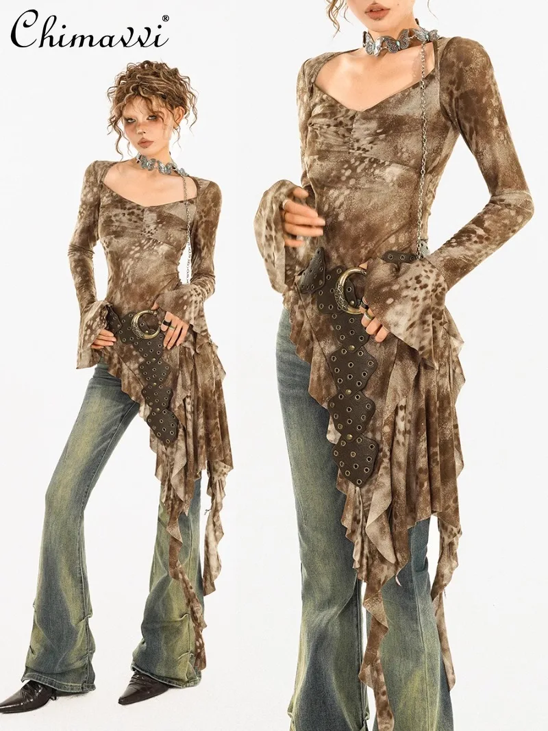 

American Semi-open Neck Retro Irregular Design Sense Horn Sleeve Tie-dye Slim Top Women