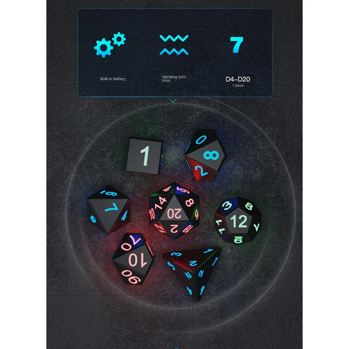 

GM-7Pcs Электронные игральные кости USB Перезаряжаемые светящиеся игральные кости Светящиеся в темноте DND Dices RPG Многогранные игральные кости D4 D6 D8 D10 D12 D20