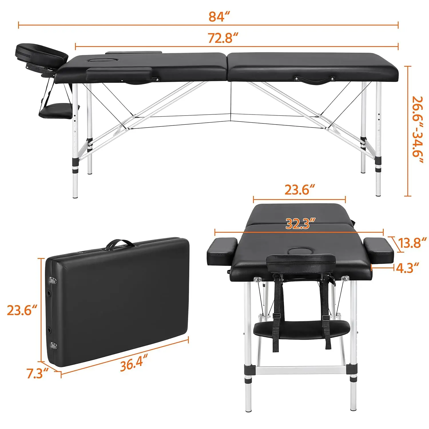 Tables de massage portables réglables avec sac non tissé, lit de tatouage, noir, largeur 24 pouces, salon du visage, infraction recommandée