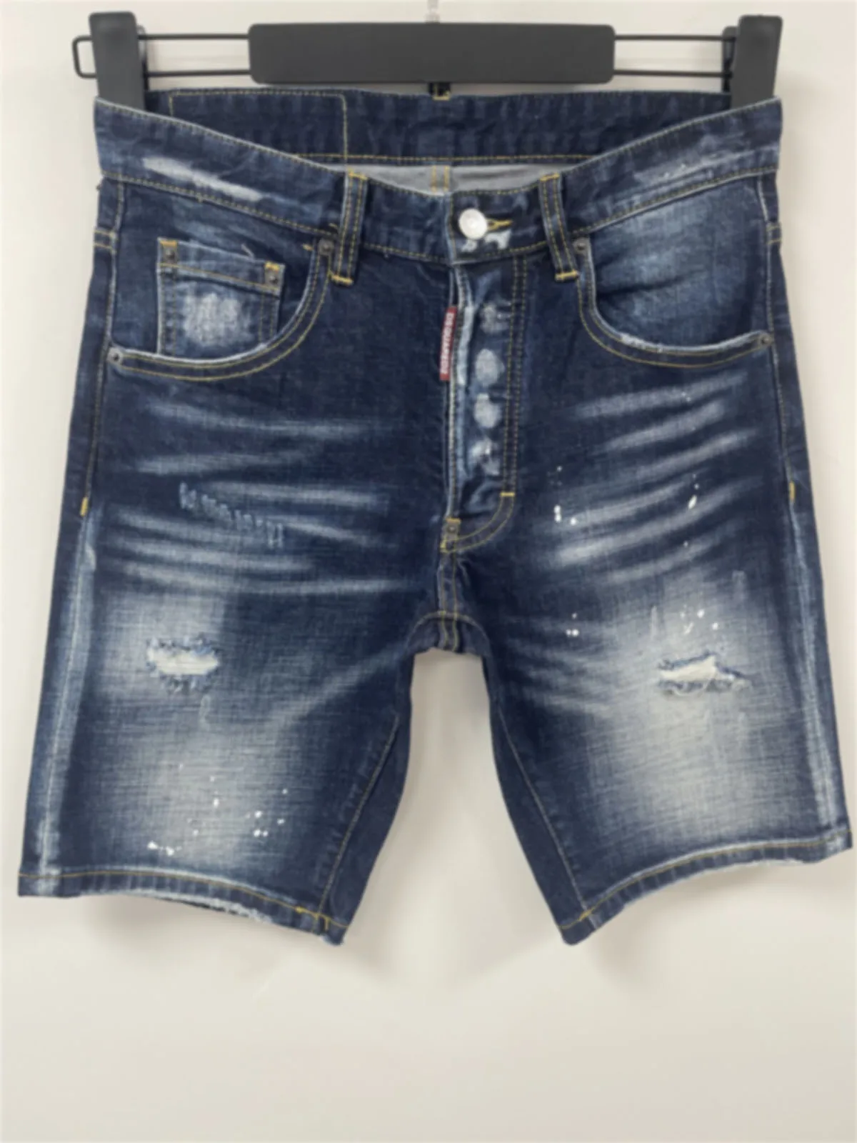 

2024 Summer D2 Jeans Trendy Men's Water Washed Worn Hole Patch Light Blue Slim Fit Micro Elastic Denim Shorts Men