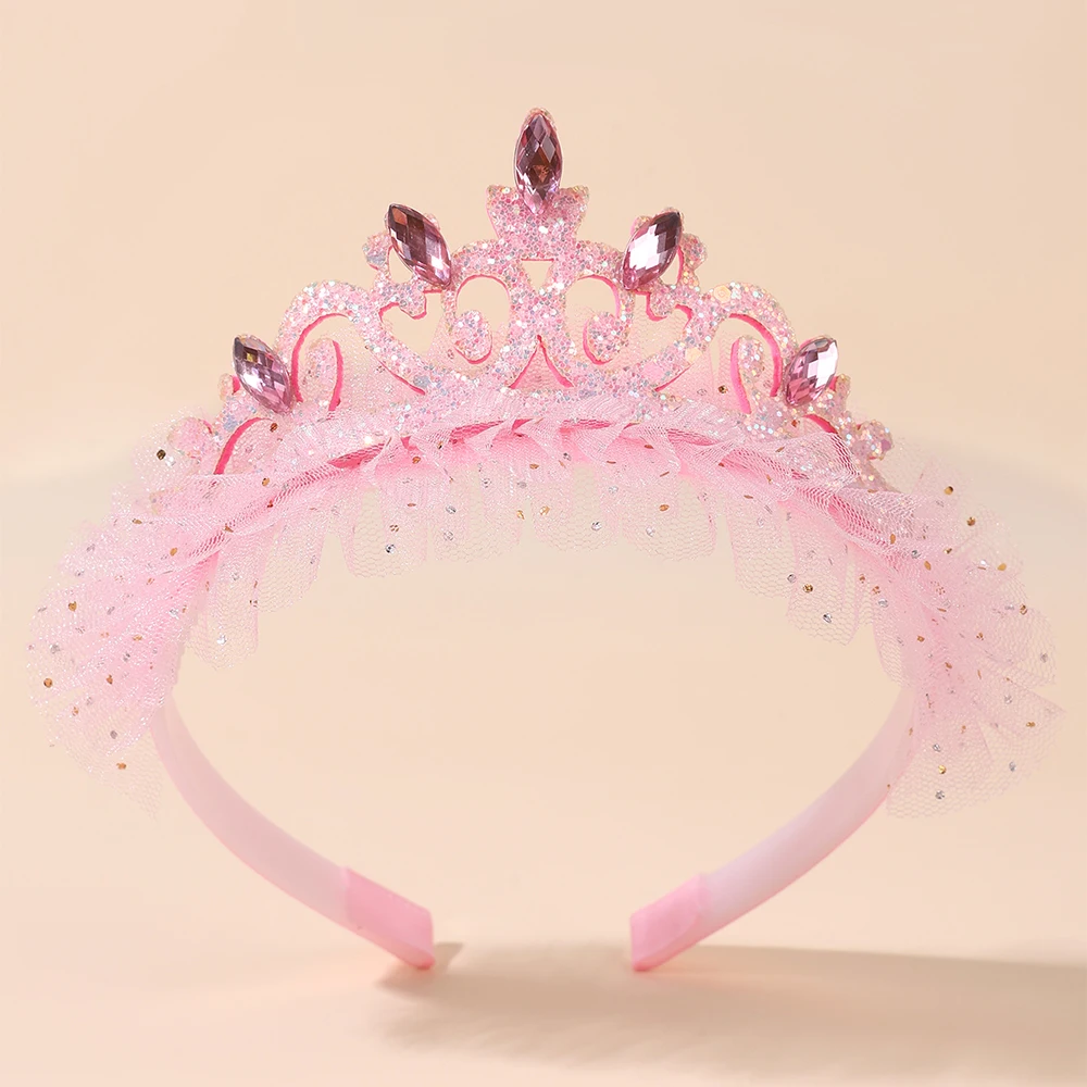 Cute Girls Glitter Princess Tiara Headband with Lace Tulle Rhinestone Crown Hair Hoop Kids Birthday Party Gift Hair Acces