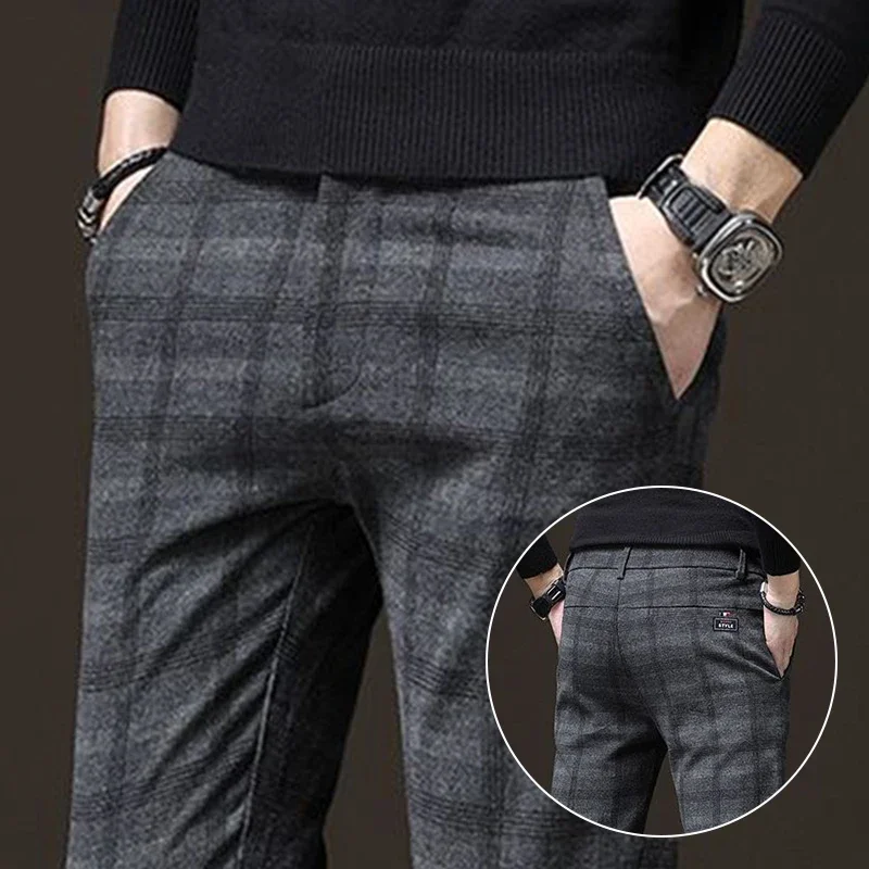 

Мужские повседневные дышащие костюмные брюки в клетку, мужской тренд, деловой универсальный пиджак, спортивные универсальные черные, синие, серые брюки