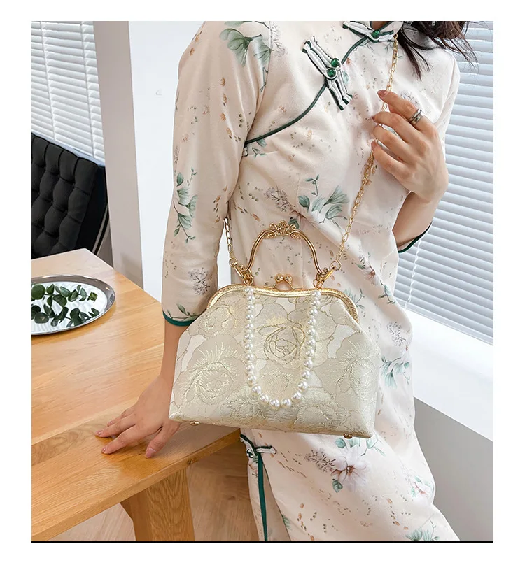 Lace Women\'s Handbag Chain Shoulder Bag Vintage Chinese Style Wedding Party Shell Crossbody Bag Elegant Advanced Messenger Bag