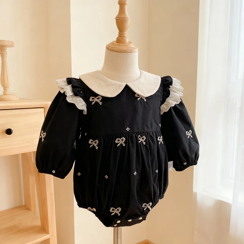 가을 0-24개월 아기 소녀 신상 의류 신생아 긴 소매 바디수트 리본 코튼 자수 유아 아기 소녀 점프수트