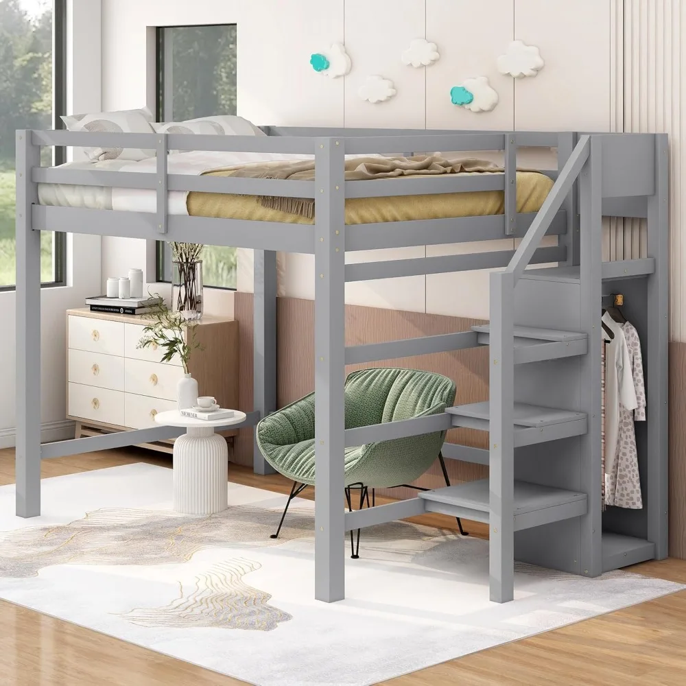 Full Loft Bed, Loft Bed Full Size with Storage Staircase and Wardrobe for Clothes,Wooden High Loft Bed Frame for Kids Girls Boys