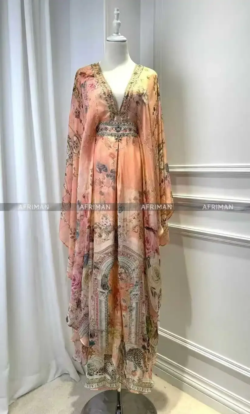 Robe longue ample 100% soie pour femmes, col en V, perles de cristal, manches chauve-souris, imprimé floral rose