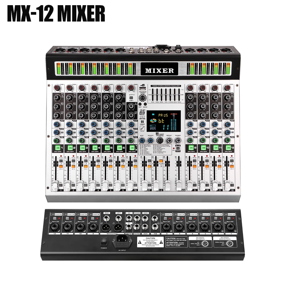 MX12 12-Kanal-Mixer Professionelles Audiomischung 99 DSP digitale Effekte Audiokonsolenmixer DJ Audio-Mischkonsole für Audiobühne