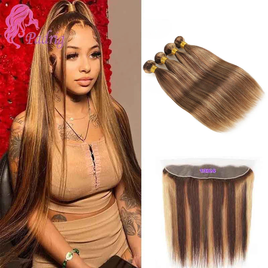 Mèches Brésiliennes Naturelles Remy Lisses à Reflets P4/27, avec Dentelle Transparente 13x4, Pré-Épilées, Cheveux de Bébé, 3/4