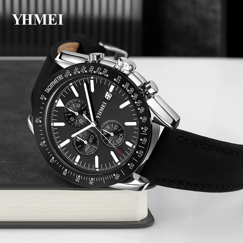 Fashionable Casual Men's Watch with Leather Strap, Six-Needle Sub-Dial, Calendar, Water-Resistant Quartz Wristwatch