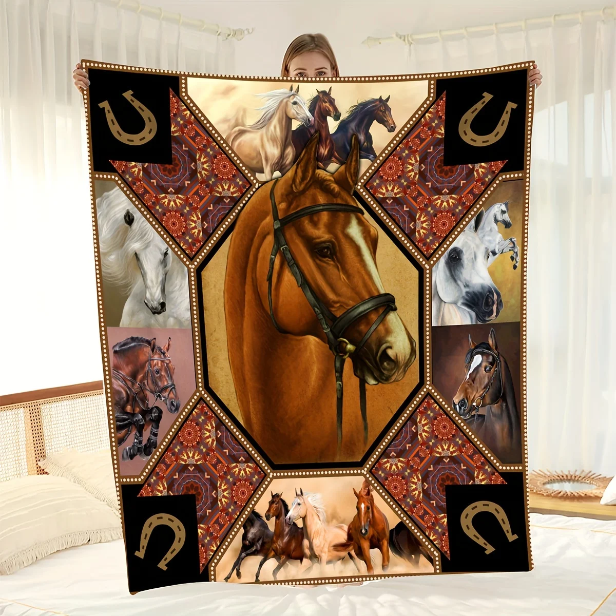 Horse Blanket Equestrian Horseshoe Patchwork Fleece Throw Soft Warm Bedding Sofa Cover Animal Art Tapestry Home Decor Gift