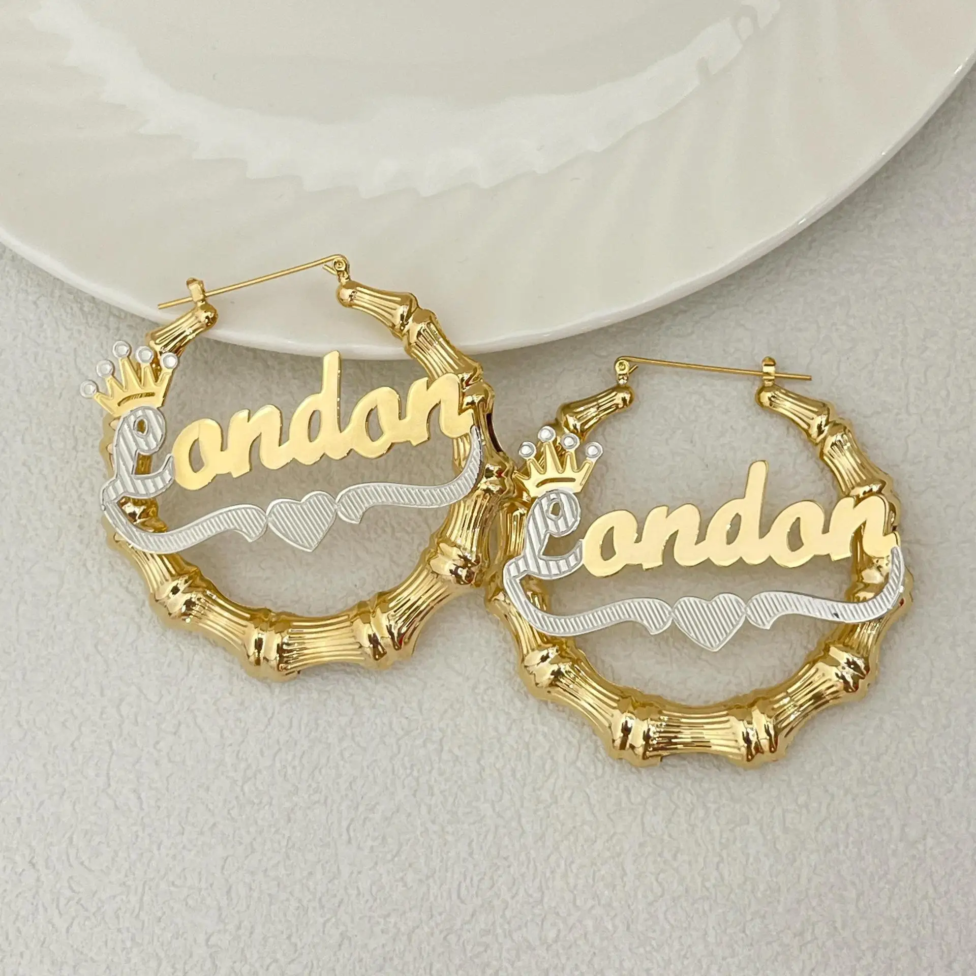 Custmized Two-color Heart round Big Bamboo for Women Name Earrings Personalized Stainless steel Jewelry Set Christmas Gifts