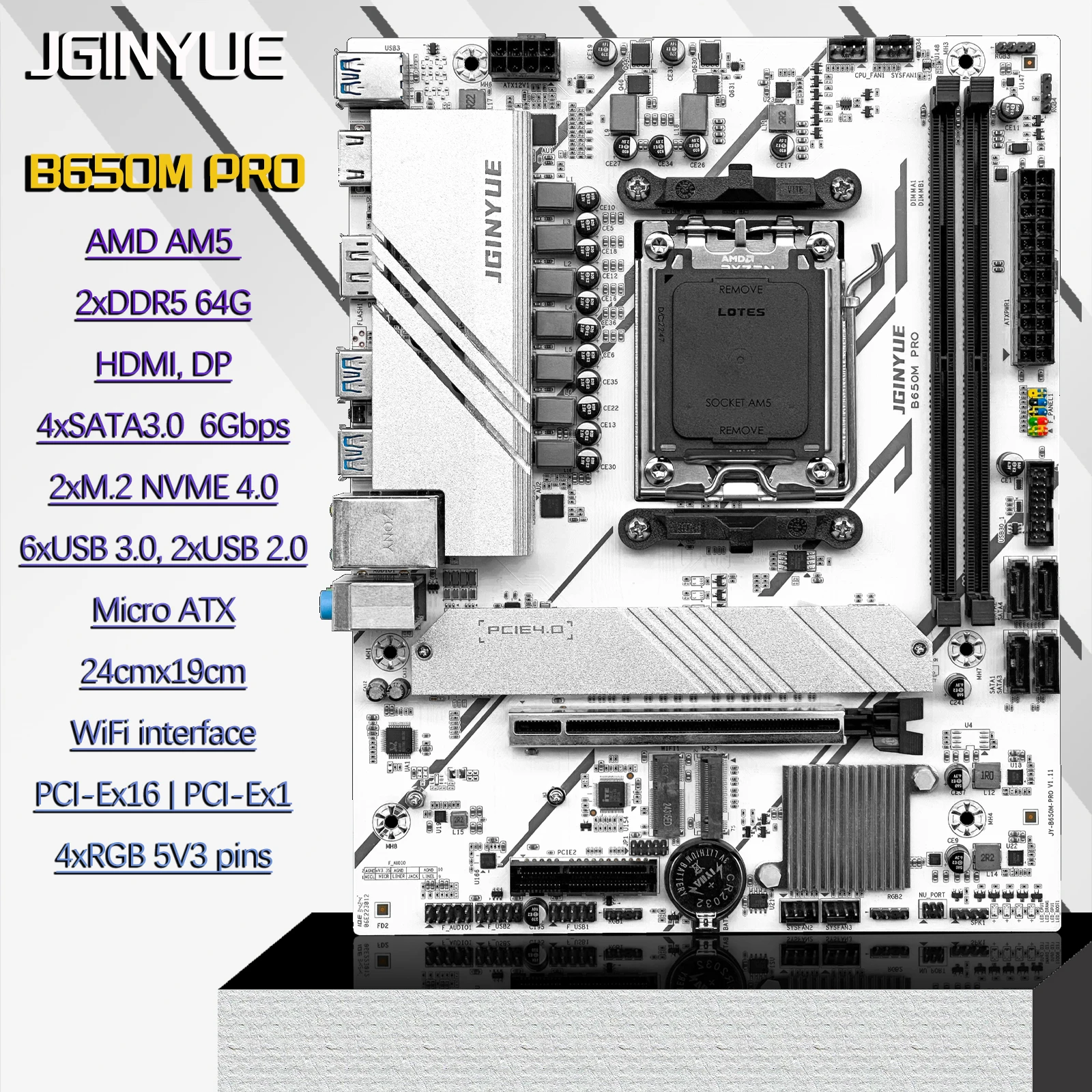 

Материнская плата JGINYUE B650M PRO (AMD Процессоры серии Ryzen 9000/8000/7000 AM5 DDR5 PCIe 4.0 M.2 SATA 6 Гбит/с USB 3.2 Gen 2 HDMI