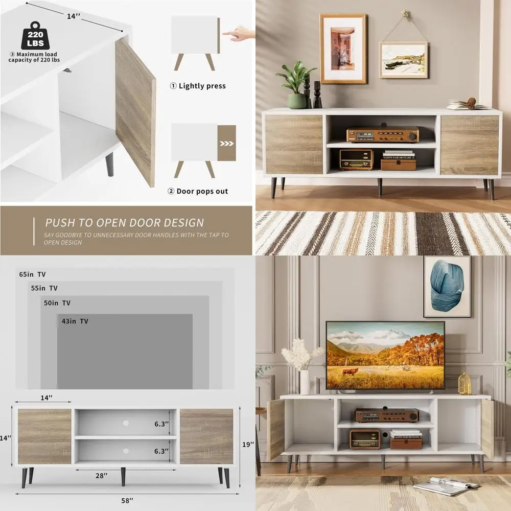 65 TV Stand, Modern Entertainment Center with Storage and Shelves for Living Room and Bedroom (Oak Finish)