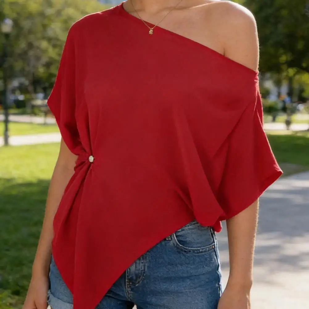 

Women T-shirt Women’s Skew Collar T-shirt Batwing Short Sleeve Top Waist-tight Design Tee Soft Stretchy Fabric Women T-shirt